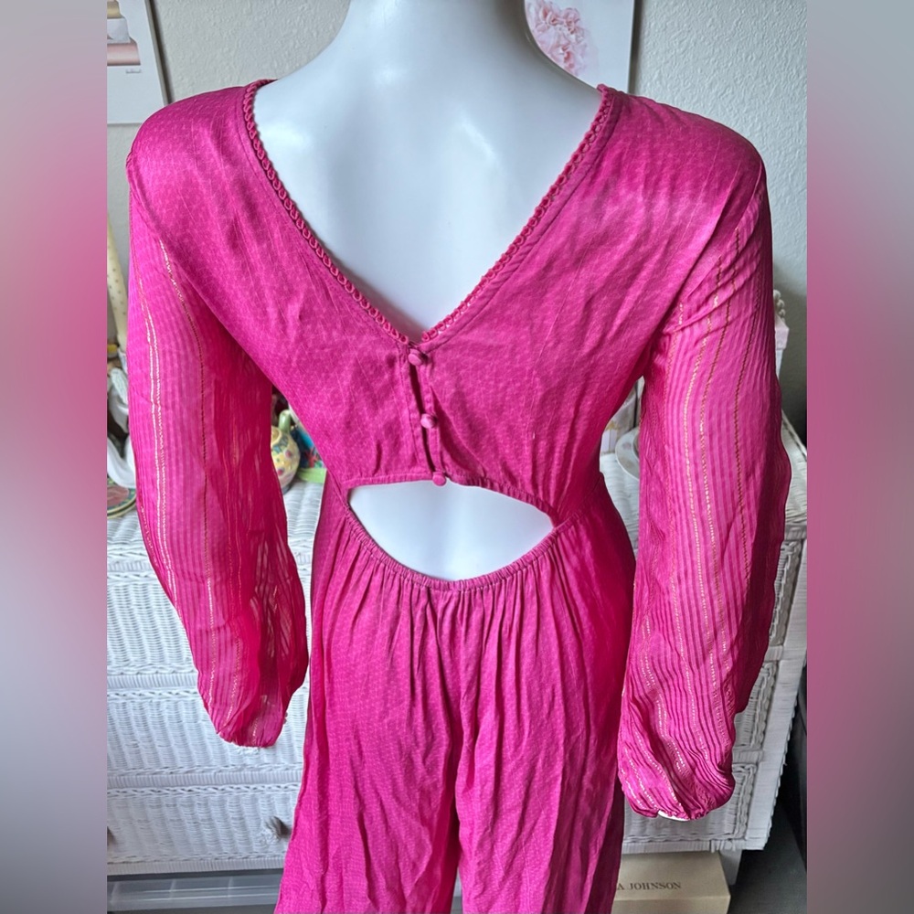 Anthropologie Riviera Jumpsuit Low Cut Wide-Leg Hot Pink w/ Gold stripes size M - Picture 6 of 15